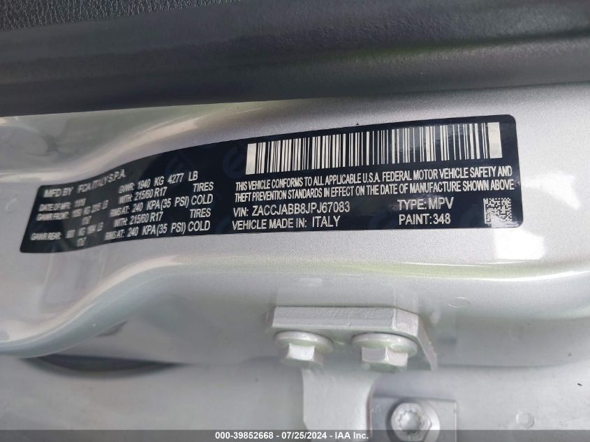 2018 Jeep Renegade Latitude Fwd VIN: ZACCJABB8JPJ67083 Lot: 39852668