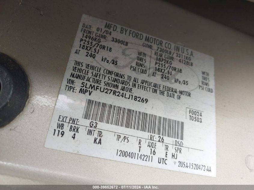 2004 Lincoln Navigator VIN: 5LMFU27R24LJ18269 Lot: 39852672