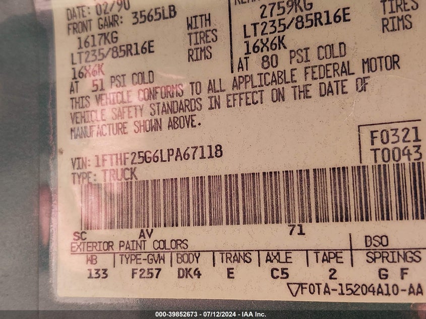 1990 Ford F250 VIN: 1FTHF25G6LPA67118 Lot: 39852673