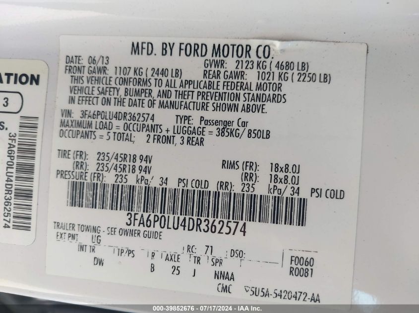 2013 Ford Fusion Hybrid Se VIN: 3FA6P0LU4DR362574 Lot: 39852676