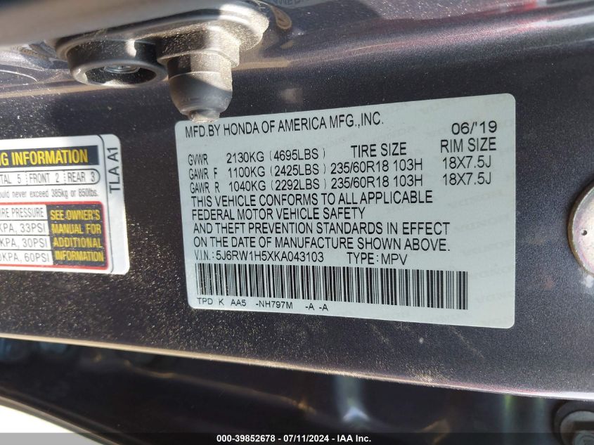 2019 Honda Cr-V Ex VIN: 5J6RW1H5XKA043103 Lot: 39852678