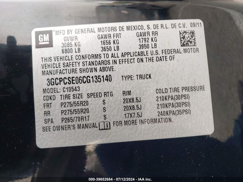 2012 Chevrolet Silverado 1500 C1500 Lt VIN: 3GCPCSE06CG135140 Lot: 39852684