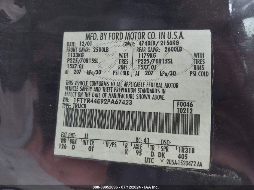 2002 Ford Ranger Xlt VIN: 1FTYR44E92PA67423 Lot: 39852696