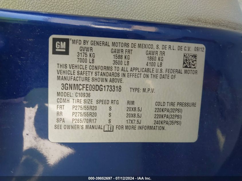 2013 Chevrolet Avalanche Lt VIN: 3GNMCFE09DG173318 Lot: 39852697