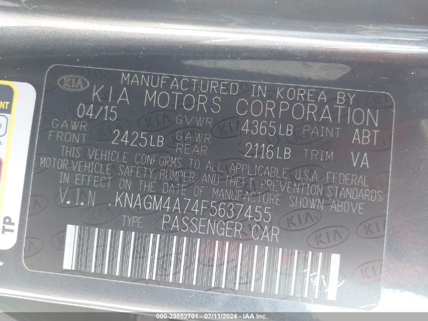 2015 Kia Optima Lx VIN: KNAGM4A74F5637455 Lot: 39852701