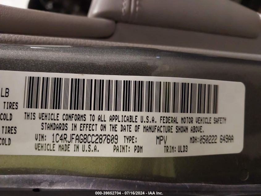 2012 Jeep Grand Cherokee Laredo VIN: 1C4RJFAG8CC287609 Lot: 39852704