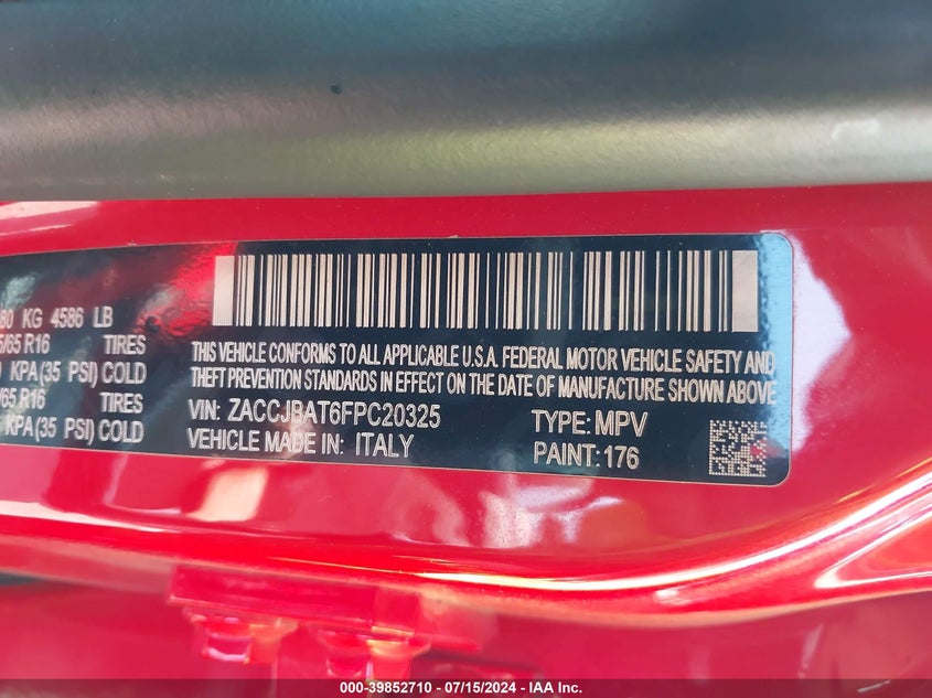 2015 Jeep Renegade Sport VIN: ZACCJBAT6FPC20325 Lot: 39852710