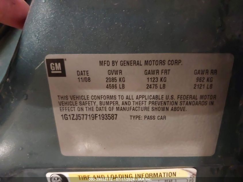 2009 Chevrolet Malibu Lt VIN: 1G1ZJ57719F193587 Lot: 39852712
