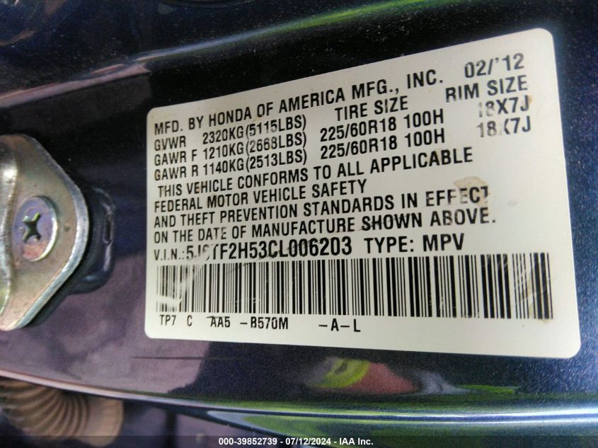 2012 Honda Crosstour Ex-L VIN: 5J6TF2H53CL006203 Lot: 39852739