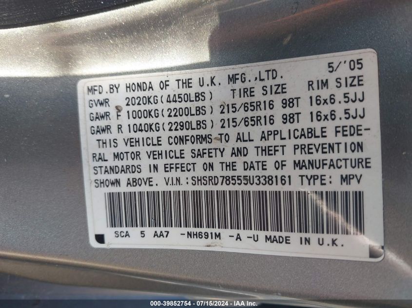 2005 Honda Cr-V Lx VIN: SHSRD78555U338161 Lot: 39852754