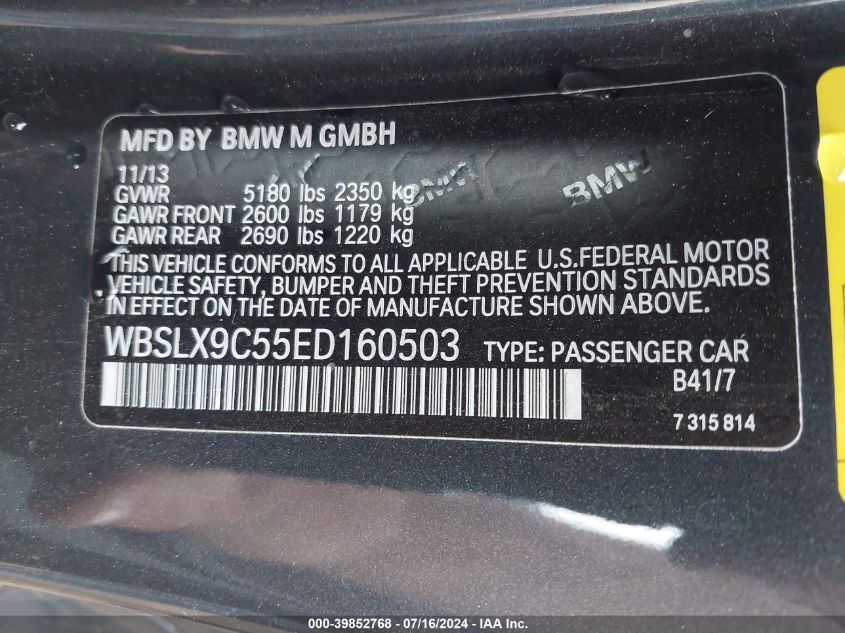 2014 BMW M6 VIN: WBSLX9C55ED160503 Lot: 39852768