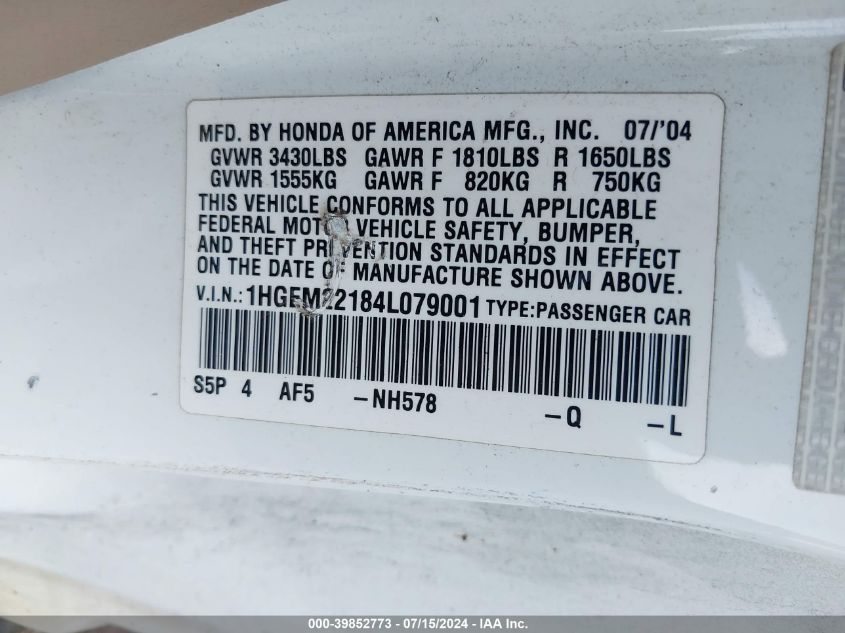 2004 Honda Civic Vp VIN: 1HGEM22184L079001 Lot: 39852773