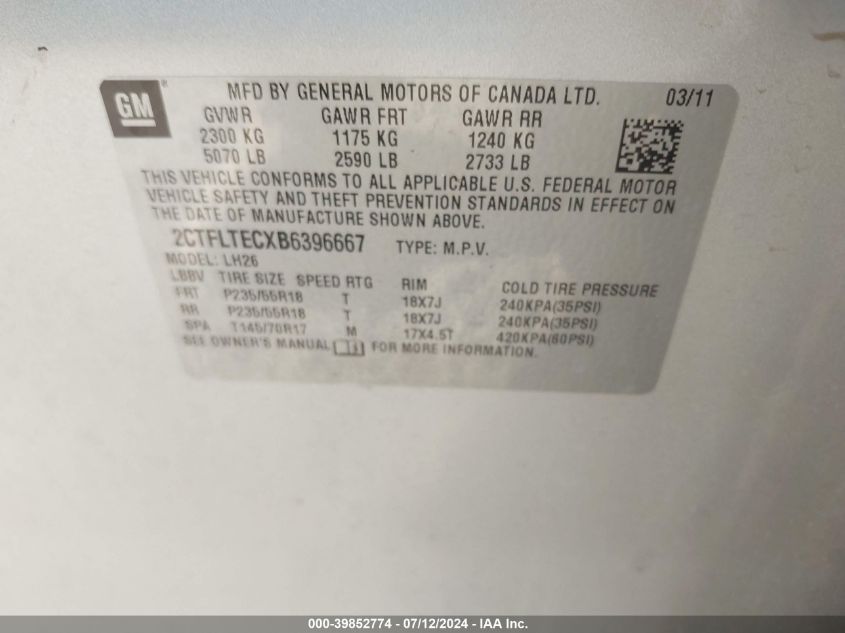 2011 GMC Terrain Sle VIN: 2CTFLTECXB6396667 Lot: 39852774