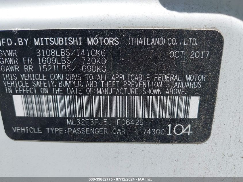 2018 Mitsubishi Mirage G4 Es VIN: ML32F3FJ5JHF06425 Lot: 39852775