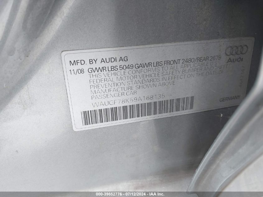 2009 Audi A4 2.0T Avant VIN: WAUGF78K59A168135 Lot: 39852776