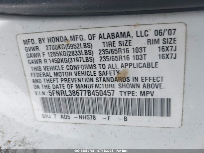 2007 Honda Odyssey Ex-L VIN: 5FNRL38677B450457 Lot: 39852785