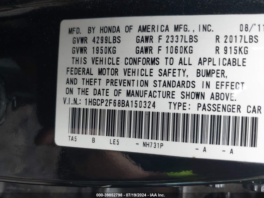 2011 Honda Accord 2.4 Se VIN: 1HGCP2F68BA150324 Lot: 39852798