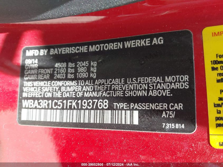 2015 BMW 435I VIN: WBA3R1C51FK193768 Lot: 39852805