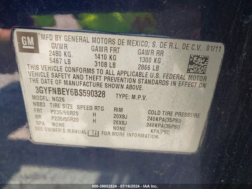 2011 Cadillac Srx Performance Collection VIN: 3GYFNBEY6BS590328 Lot: 39852824