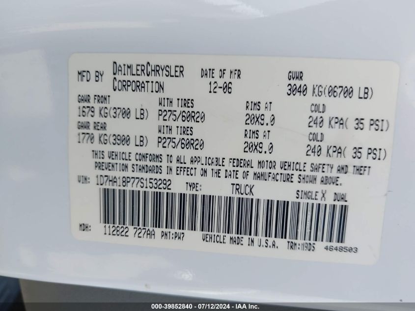 2007 Dodge Ram 1500 St/Slt VIN: 1D7HA18P77S153292 Lot: 39852840