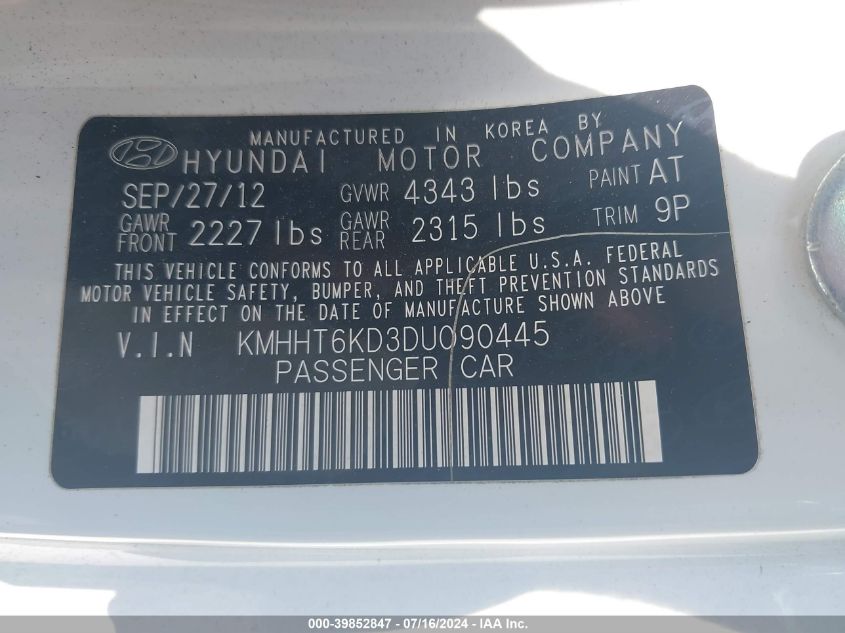 2013 Hyundai Genesis 2.0T Premium VIN: KMHHT6KD3DU090445 Lot: 39852847