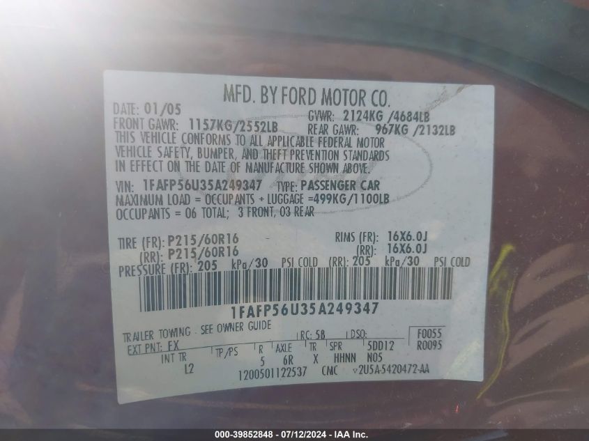 2005 Ford Taurus Sel VIN: 1FAFP56U35A249347 Lot: 39852848