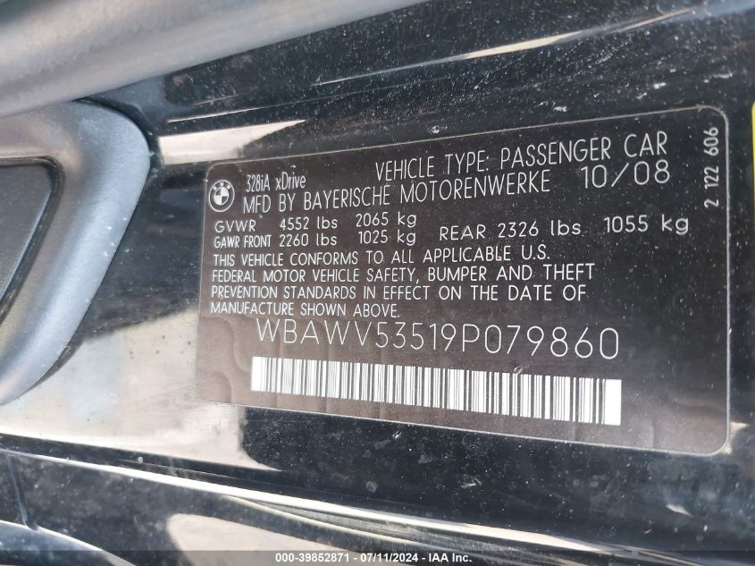 2009 BMW 328I xDrive VIN: WBAWV53519P079860 Lot: 39852871