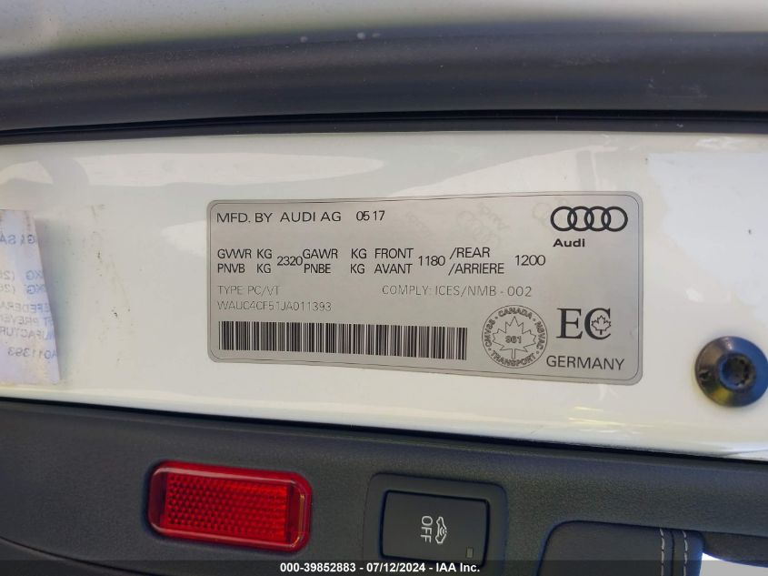 2018 Audi S5 3.0T Premium Plus VIN: WAUC4CF51JA011393 Lot: 39852883