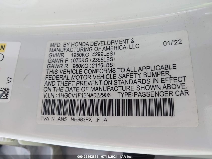 2022 Honda Accord Lx VIN: 1HGCV1F13NA022906 Lot: 39852889