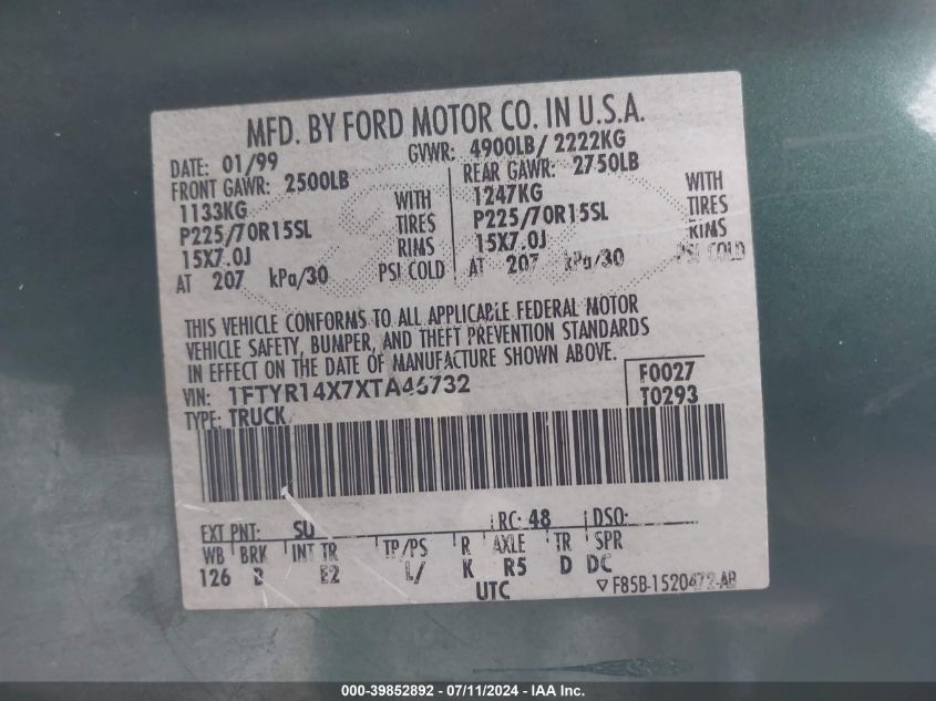 1999 Ford Ranger Xlt VIN: 1FTYR14X7XTA46732 Lot: 39852892