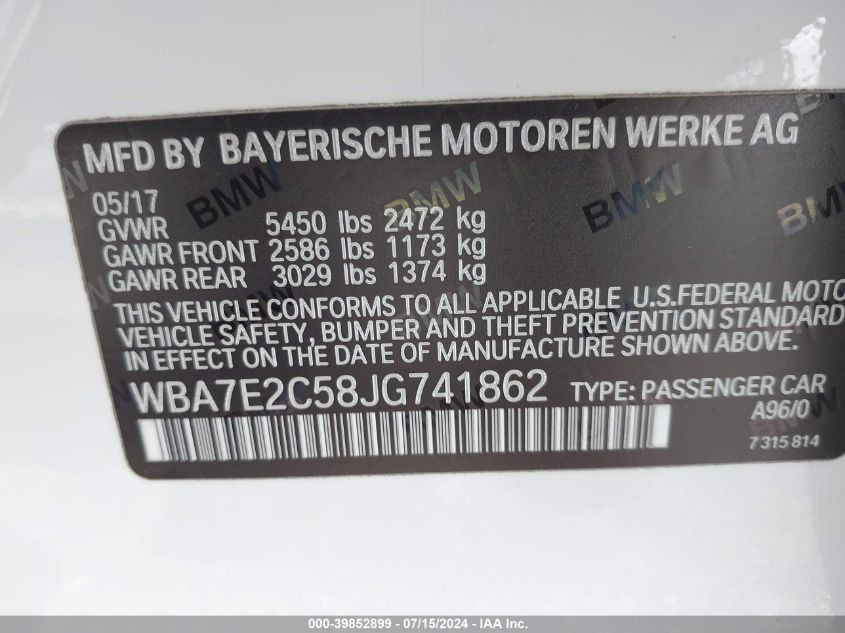 2018 BMW 740I VIN: WBA7E2C58JG741862 Lot: 39852899