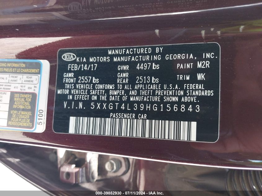 2017 Kia Optima Lx VIN: 5XXGT4L39HG156843 Lot: 39852930