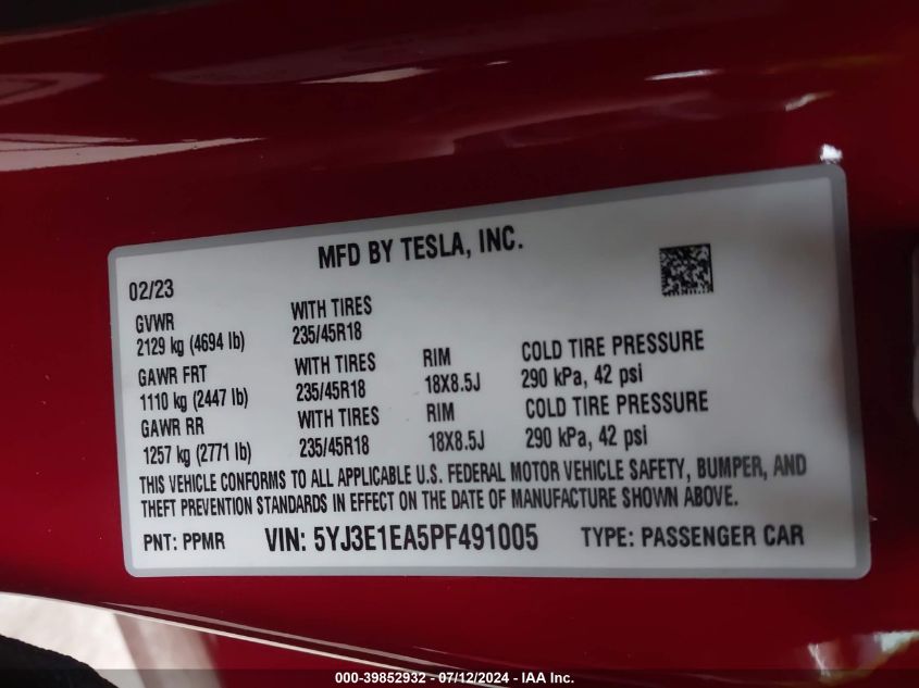 2023 Tesla Model 3 VIN: 5YJ3E1EA5PF491005 Lot: 39852932