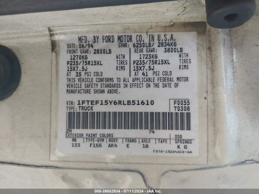 1994 Ford F150 VIN: 1FTEF15Y6RLB51610 Lot: 39852934