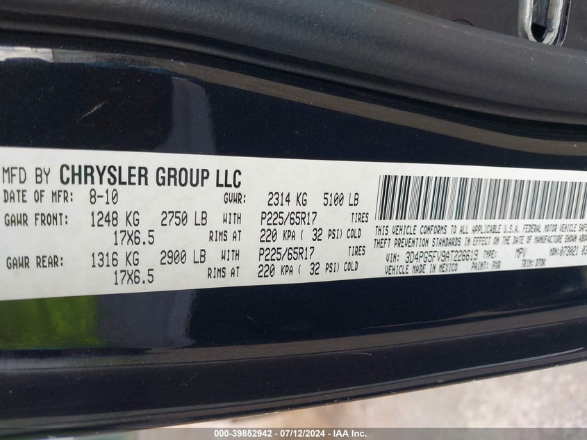 2010 Dodge Journey Sxt VIN: 3D4PG5FV9AT226619 Lot: 39852942