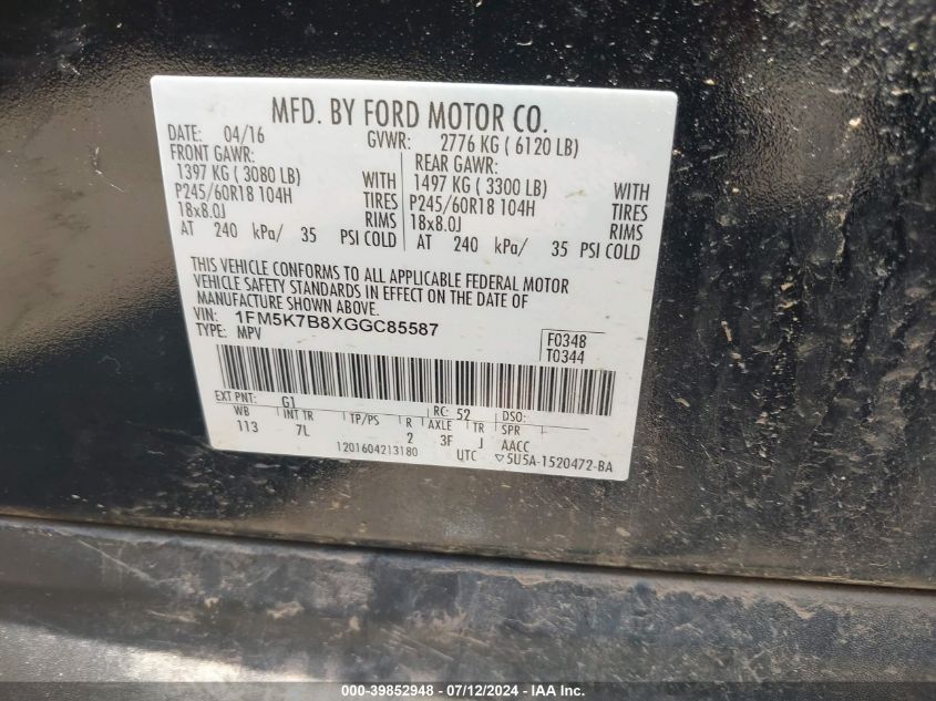 2016 Ford Explorer VIN: 1FM5K7B8XGGC85587 Lot: 39852948