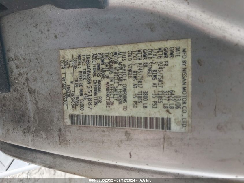 2006 Nissan Titan Xe VIN: 1N6BA06A86N551887 Lot: 39852952