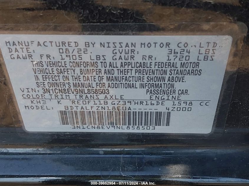 2022 Nissan Versa 1.6 Sv Xtronic Cvt VIN: 3N1CN8EV9NL858503 Lot: 39852954