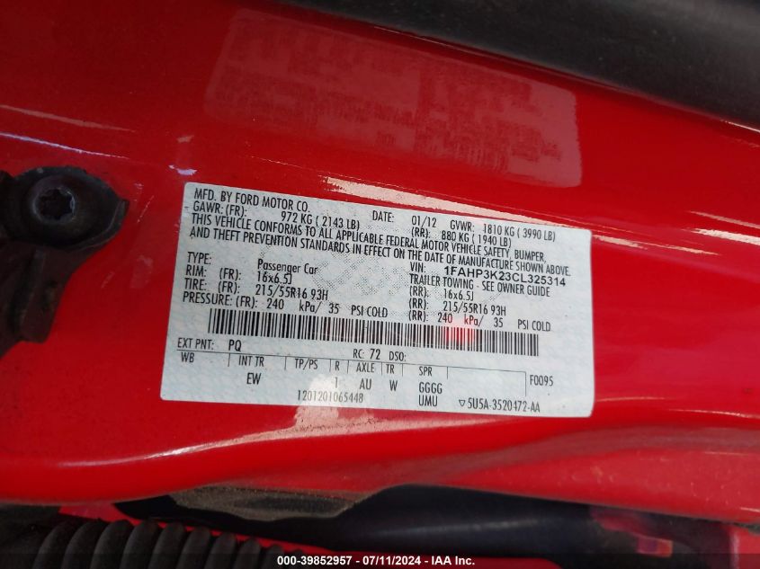 2012 Ford Focus Se VIN: 1FAHP3K23CL325314 Lot: 39852957