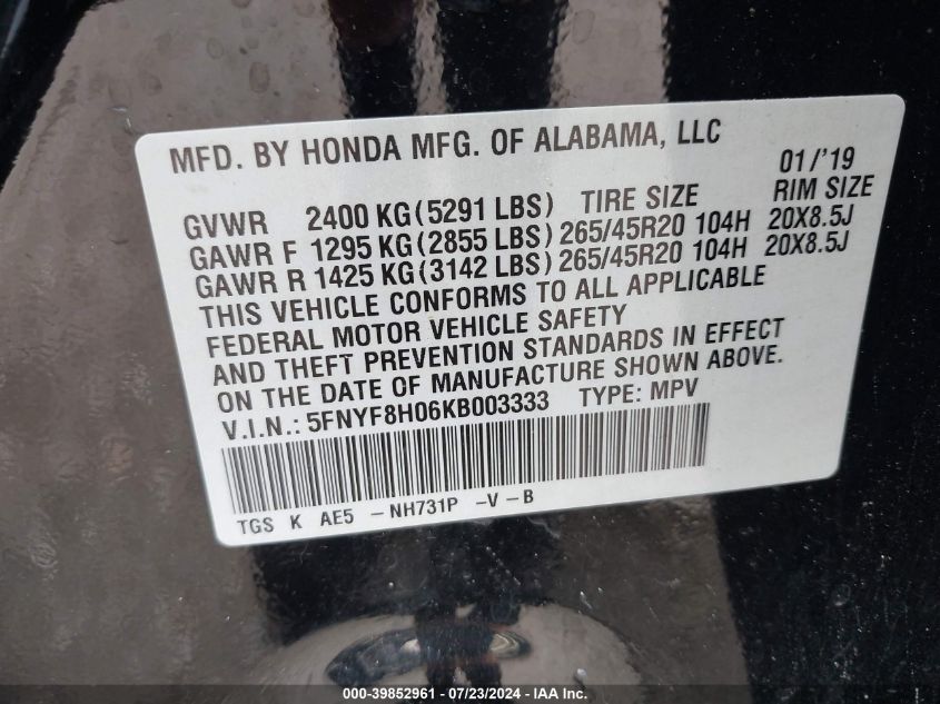 2019 Honda Passport Elite VIN: 5FNYF8H06KB003333 Lot: 39852961