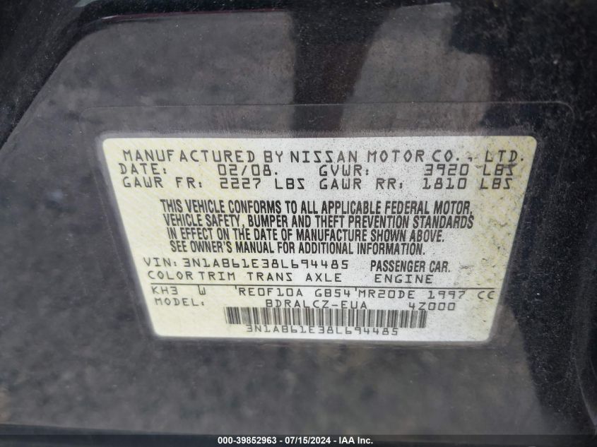 2008 Nissan Sentra 2.0 VIN: 3N1AB61E38L694485 Lot: 39852963