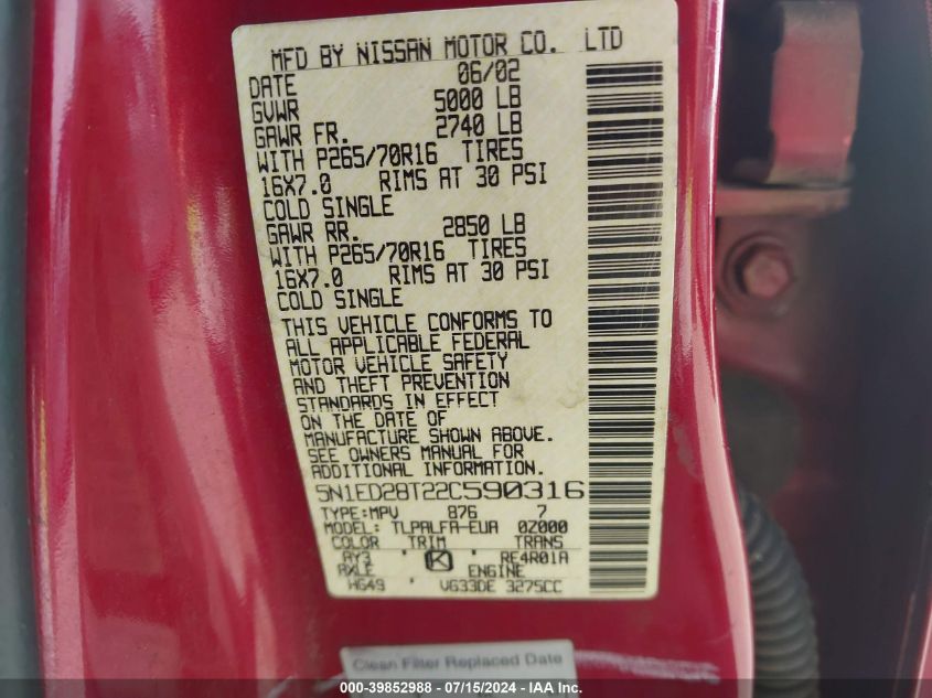 2002 Nissan Xterra Se VIN: 5N1ED28T22C590316 Lot: 39852988