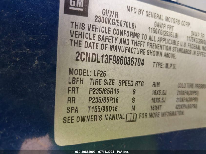 2008 Chevrolet Equinox Ls VIN: 2CNDL13F986036704 Lot: 39852993