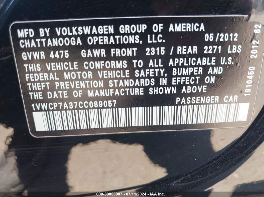 2012 Volkswagen Passat 2.5L Sel Premium VIN: 1VWCP7A37CC089057 Lot: 39853007