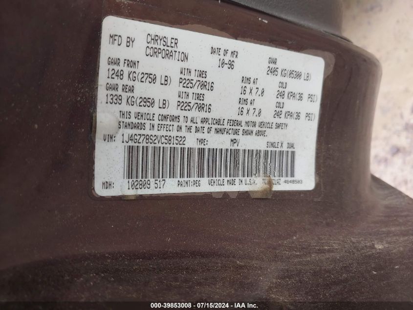 1997 Jeep Grand Cherokee Limited VIN: 1J4GZ78S2VC581522 Lot: 39853008
