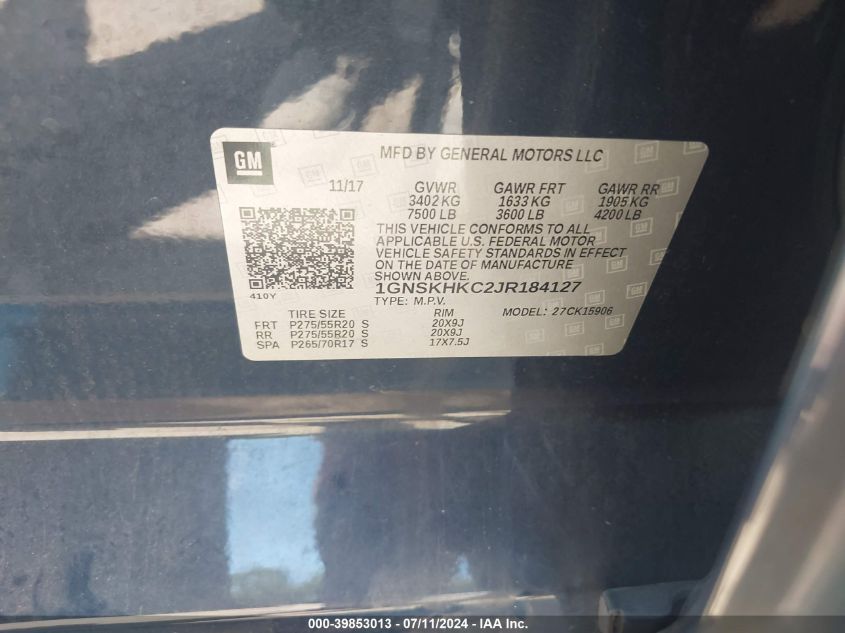 2018 Chevrolet Suburban Lt VIN: 1GNSKHKC2JR184127 Lot: 39853013