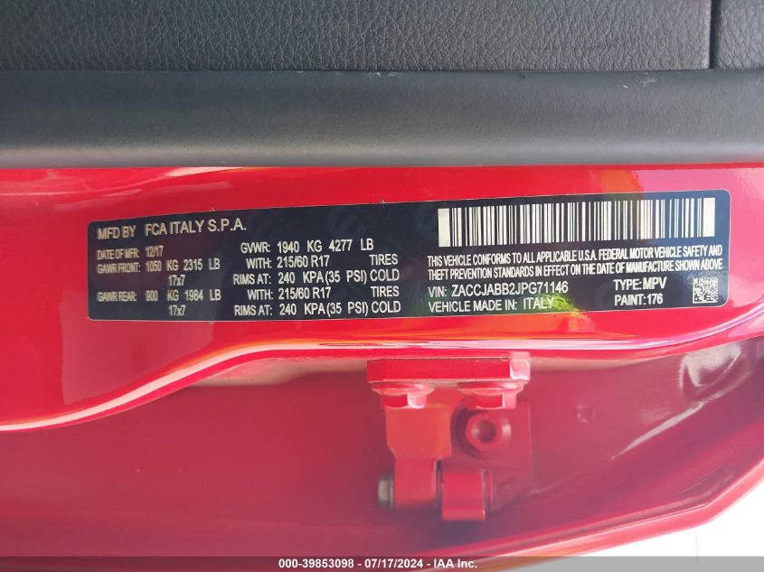 2018 Jeep Renegade Latitude Fwd VIN: ZACCJABB2JPG71146 Lot: 39853098