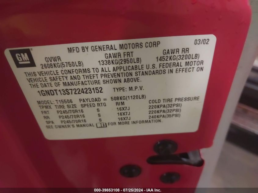 2002 Chevrolet Trailblazer Ls VIN: 1GNDT13S722423152 Lot: 39853108