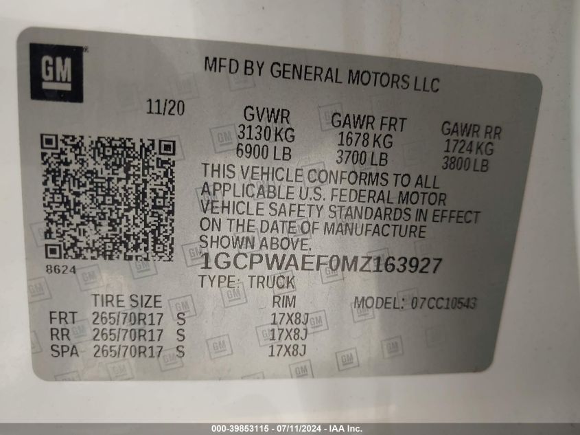 2021 Chevrolet Silverado 1500 2Wd Short Bed Wt VIN: 1GCPWAEF0MZ163927 Lot: 39853115