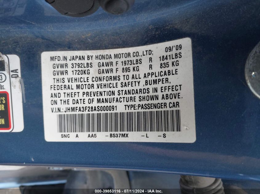 2010 Honda Civic Hybrid VIN: JHMFA3F28AS000091 Lot: 39853116